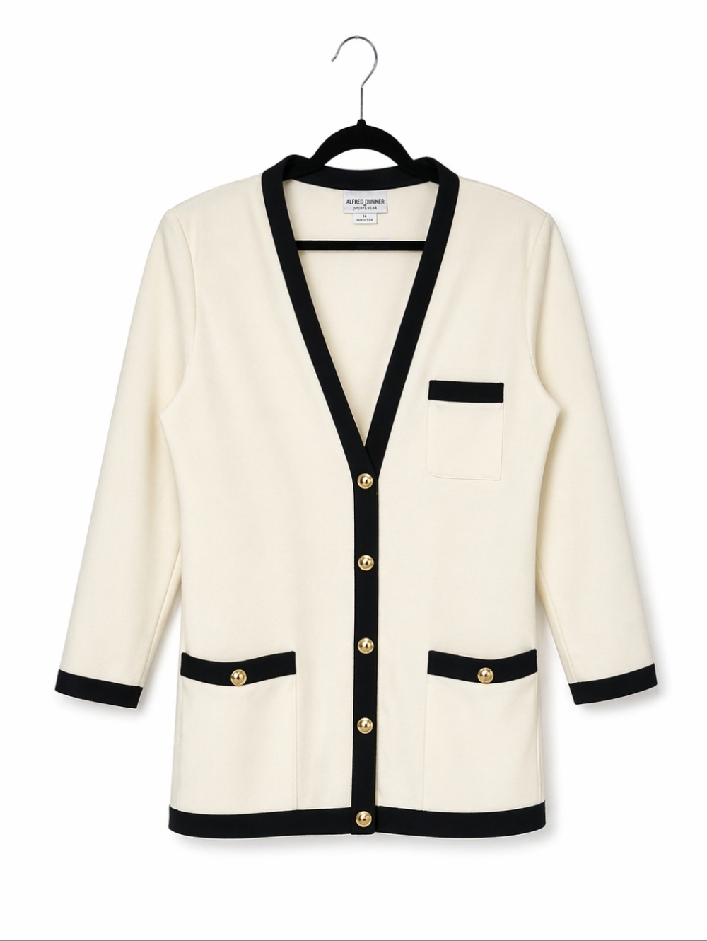 Alfred Dunner Vintage Ivory/Black Career Blazer Cardigan Size 10 Made In Usa